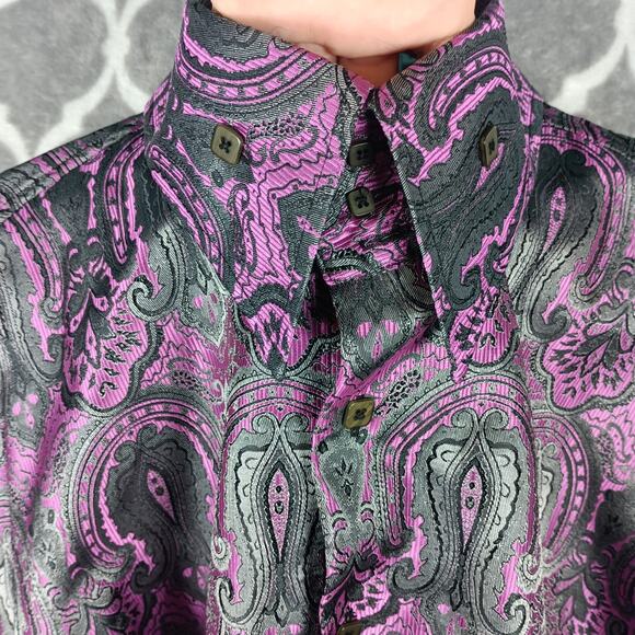 Angelino for Bermuda Men Shirt Men Size 5XL Purple Black Paisley Brocade Flashy - Picture 11 of 14